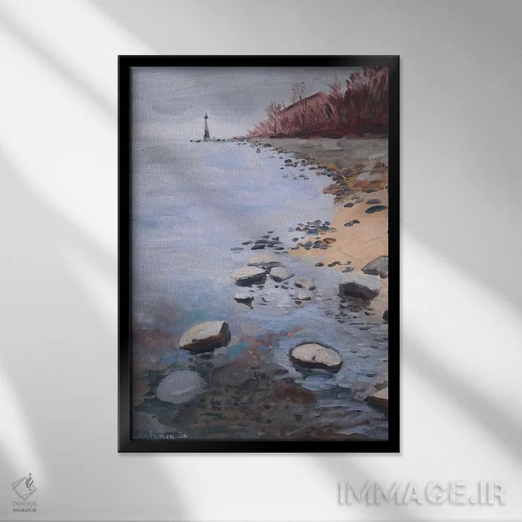 تابلو دکوراتیو منظره فانوس دریایی رودخانه اثر جین لانتسمن - نمای قابدار مشکی