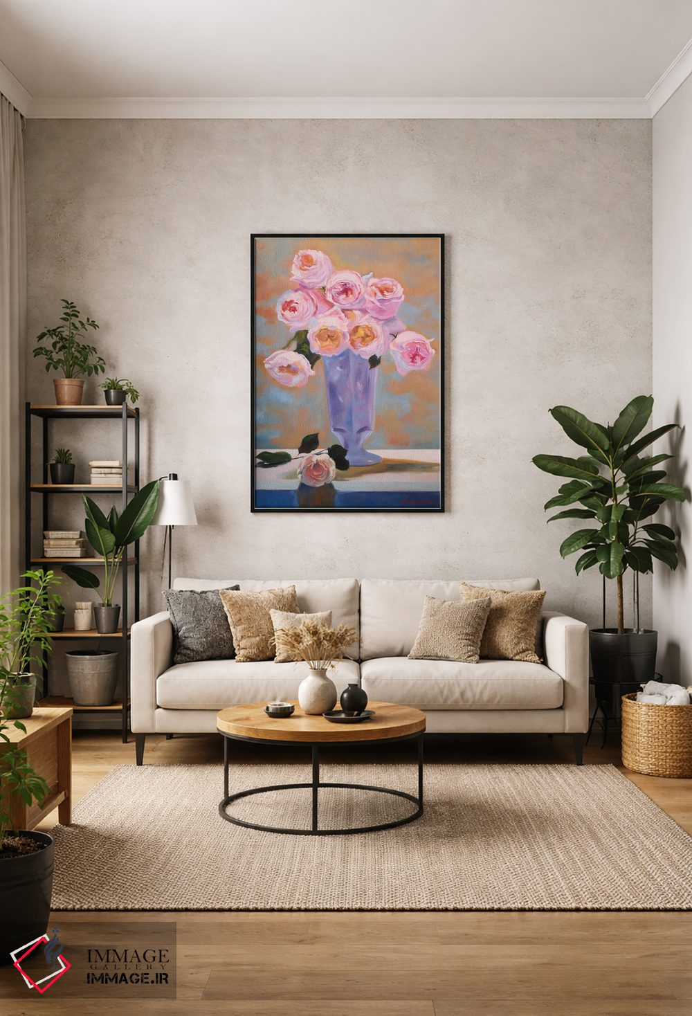 تابلو دکوراتیو گل های رز صورتی ظریف در گلدان، طبیعت بی جان اثر جین لانتسمن - D1B