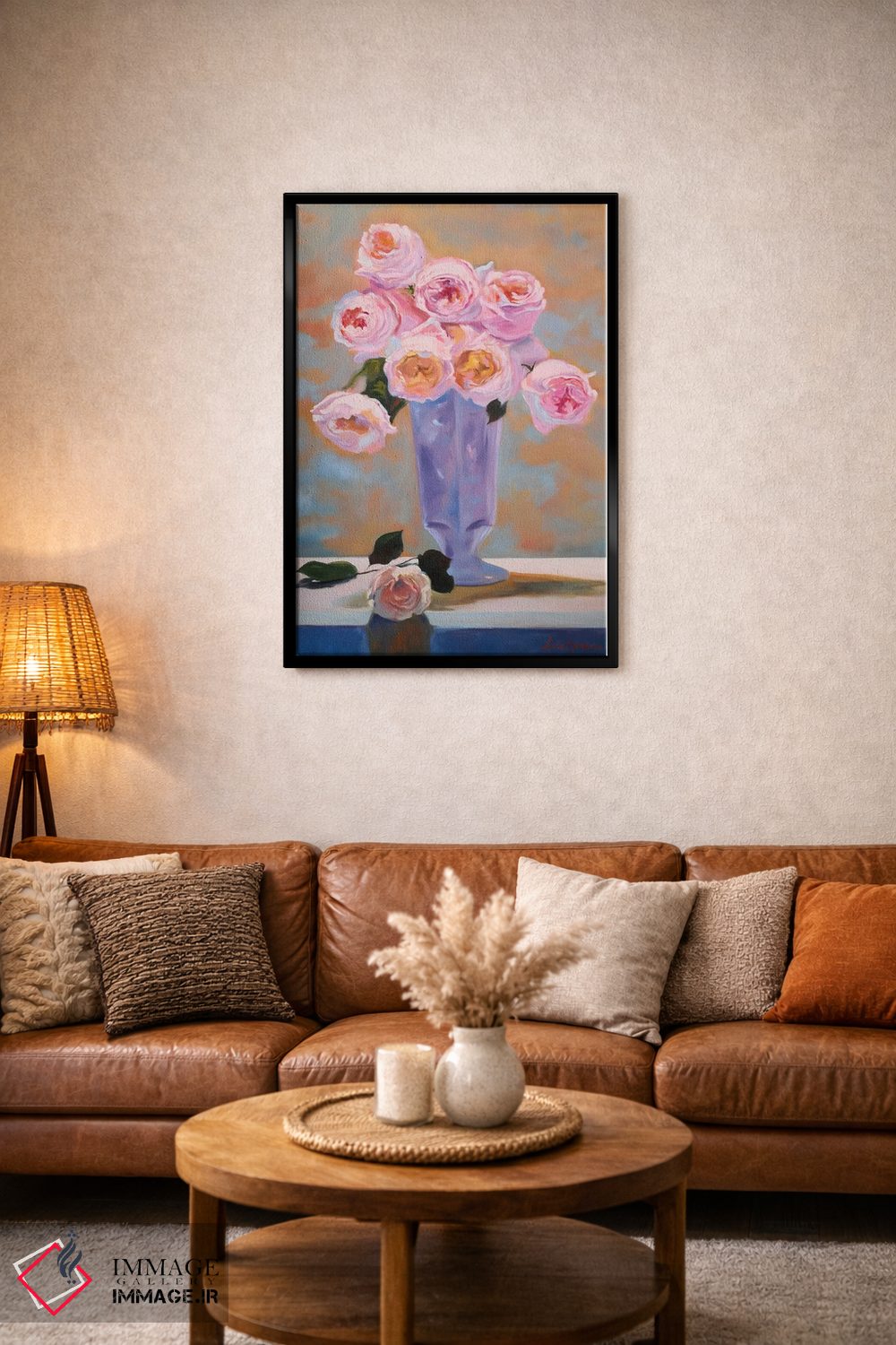 تابلو دکوراتیو گل های رز صورتی ظریف در گلدان، طبیعت بی جان اثر جین لانتسمن - D5B