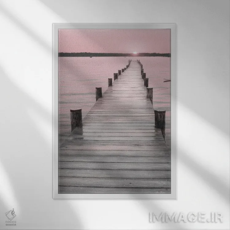 تابلو دکوراتیو "غروب صورتی در اسکله" اثر لری دیتر - نمای قابدار سفید