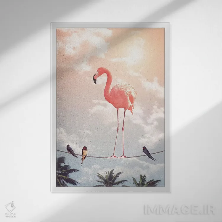 تابلو دکوراتیو "فلامینگو و دوستان" اثر یوناس لوس - نمای قابدار سفید