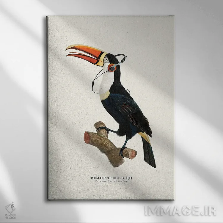 تابلو دکوراتیو "پرنده هدفون" اثر یوناس لوس - نمای روبهرو روی دیوار