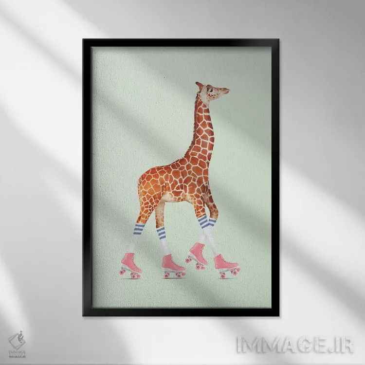 تابلو دکوراتیو "زرافه اسکیت سواری" اثر یوناس لوس - نمای قابدار مشکی