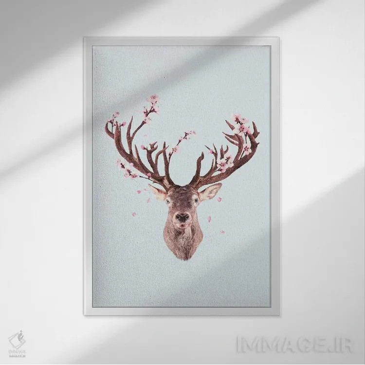 تابلو دکوراتیو "گوزن شکوفه گیلاس" اثر یوناس لوس - نمای قابدار سفید