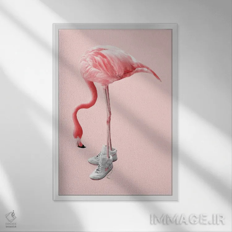 تابلو دکوراتیو "فلامینگوی کفش کتانی" اثر یوناس لوس - نمای قابدار سفید