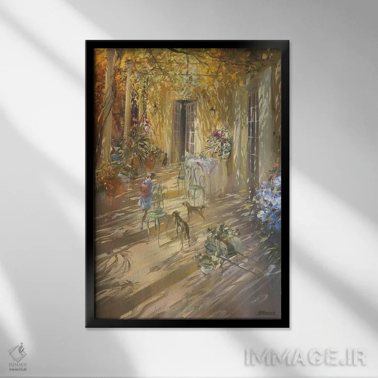 تابلو دکوراتیو "ناهار زیر سایبان" اثر لوران پارسلیه - نمای قابدار مشکی