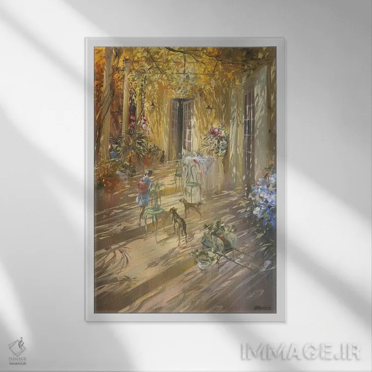 تابلو دکوراتیو "ناهار زیر سایبان" اثر لوران پارسلیه - نمای قابدار سفید