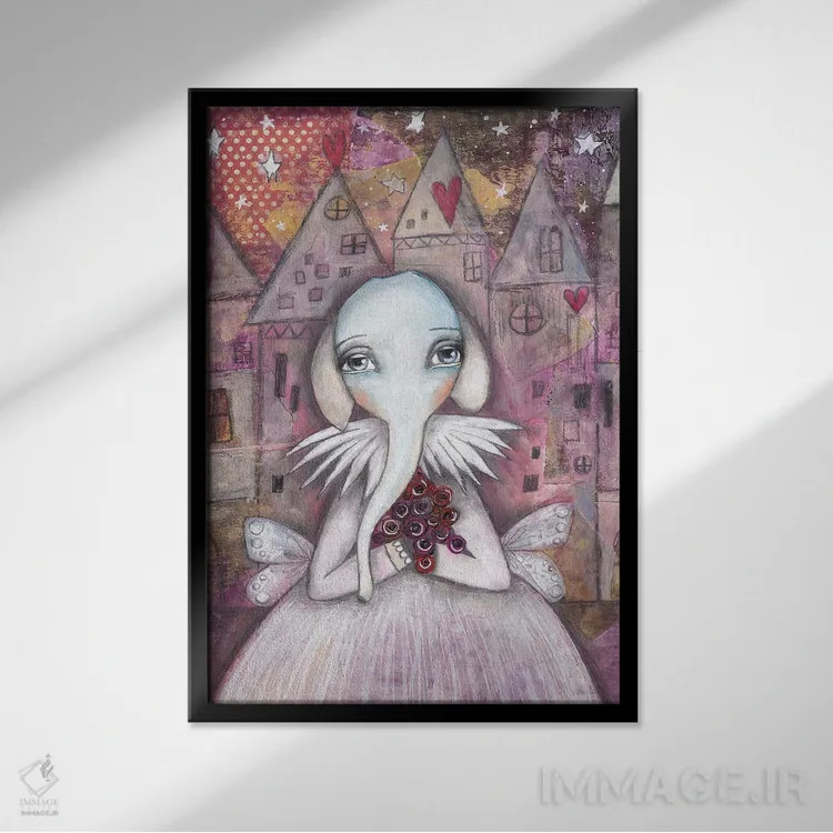 تابلو دکوراتیو فیل با گل رز اثر تامارا لاپورت - نمای قابدار مشکی