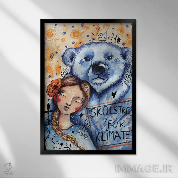 تابلو دکوراتیو گرتا و خرس قطبی اثر تامارا لاپورت - نمای قابدار مشکی