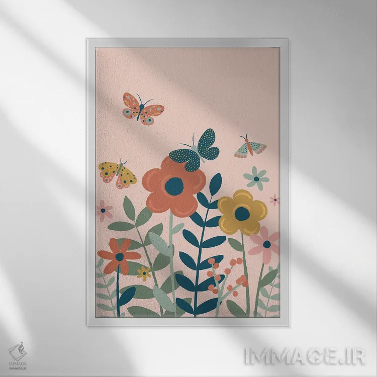 تابلو دکوراتیو باغ پروانه ها اثر لیزا پری - نمای قابدار سفید