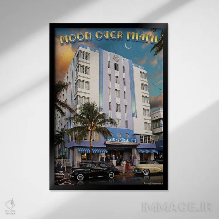 تابلو دکوراتیو ماه بر فراز میامی اثر لری گروسمن - نمای قابدار مشکی