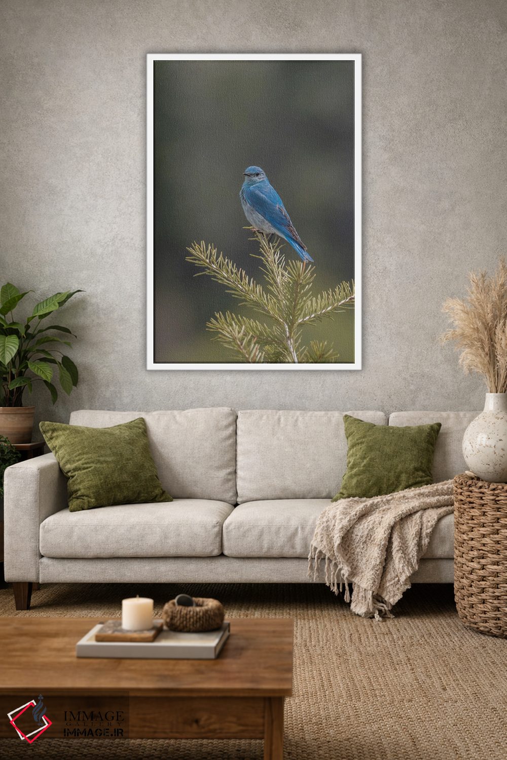 تابلو دکوراتیو مرغ آبی کوهستانی بر شاخه کاج اثر لوئیس راث - D1W