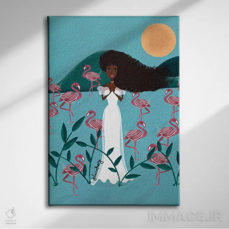 تابلو دکوراتیو فلامینگوهای آبی اثر لرین تیوری - نمای روبهرو روی دیوار