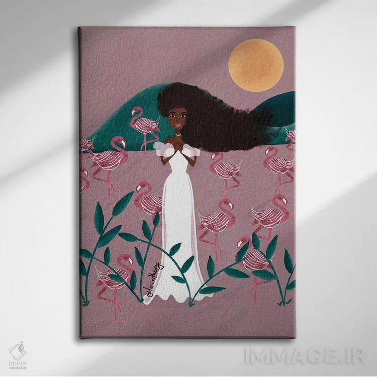 تابلو دکوراتیو فلامینگوهای صورتی اثر لرین تیوری - نمای روبهرو روی دیوار