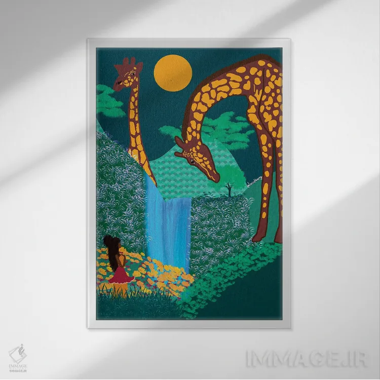 تابلو دکوراتیو زرافه ها اثر لرین تیوری - نمای قابدار سفید