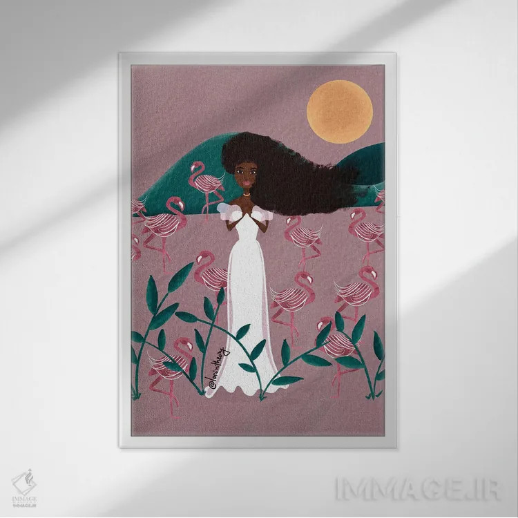 تابلو دکوراتیو فلامینگوهای صورتی اثر لرین تیوری - نمای قابدار سفید