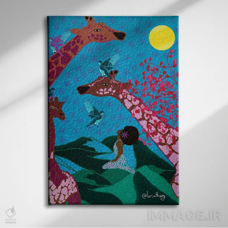 تابلو دکوراتیو زرافه ها دو اثر لرین تیوری - نمای روبهرو روی دیوار