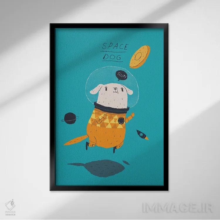 تابلو دکوراتیو سگ فضایی اثر لوئیس روسکوش - نمای قابدار مشکی