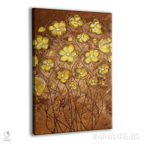 تابلو انتزاعی شکوفه های طلایی روی قهوه اثر امبر لامورو - نمای پرسپکتیو محصول