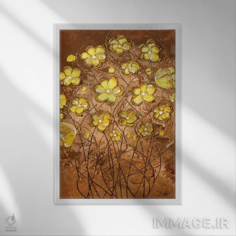 تابلو انتزاعی شکوفه های طلایی روی قهوه اثر امبر لامورو - نمای قابدار سفید