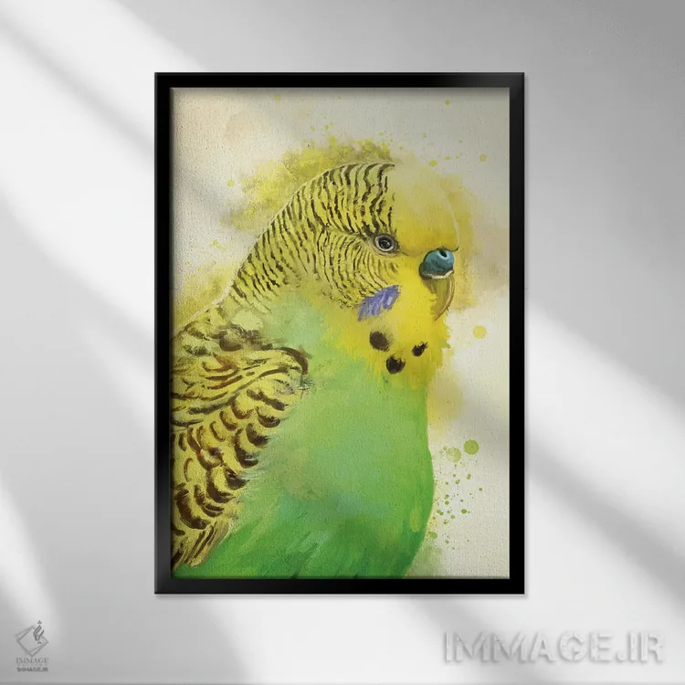 تابلو دکوراتیو پرتره مرغ عشق سبز اثر لوییز گلبی - نمای قابدار مشکی