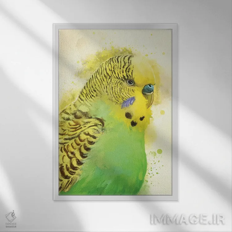 تابلو دکوراتیو پرتره مرغ عشق سبز اثر لوییز گلبی - نمای قابدار سفید