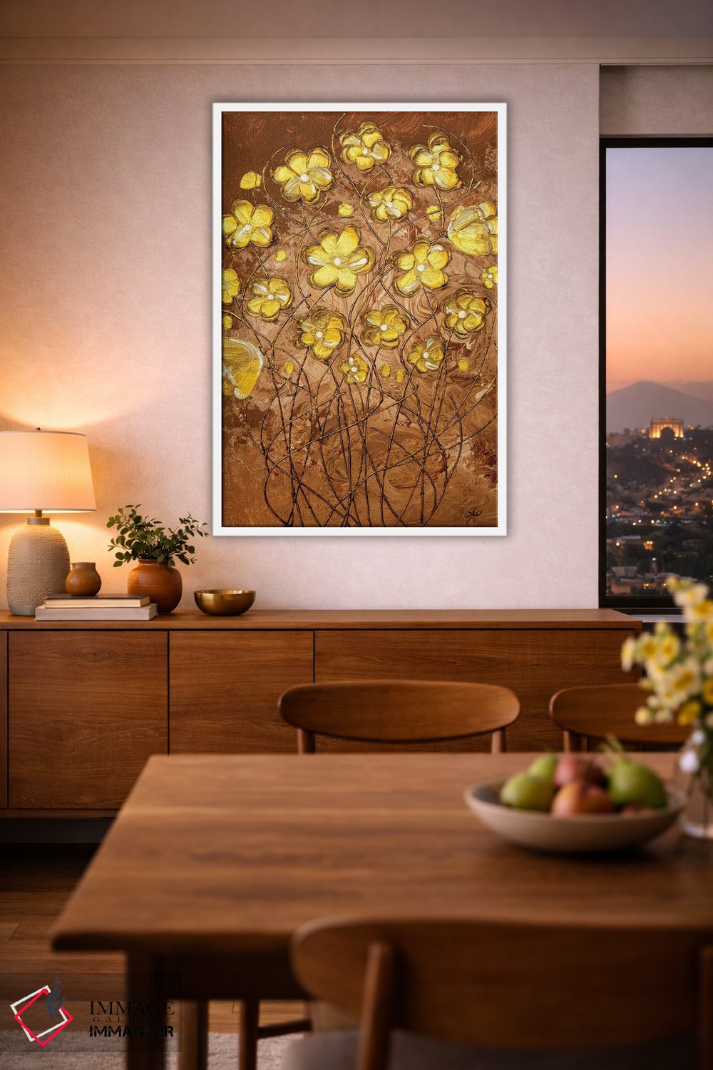 تابلو انتزاعی شکوفه های طلایی روی قهوه اثر امبر لامورو - D1W