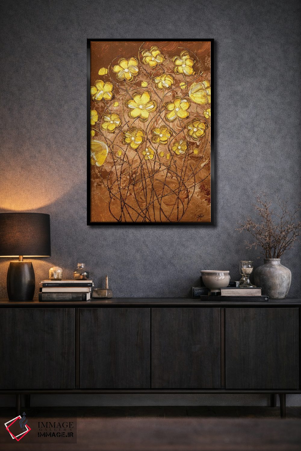 تابلو انتزاعی شکوفه های طلایی روی قهوه اثر امبر لامورو - D2B