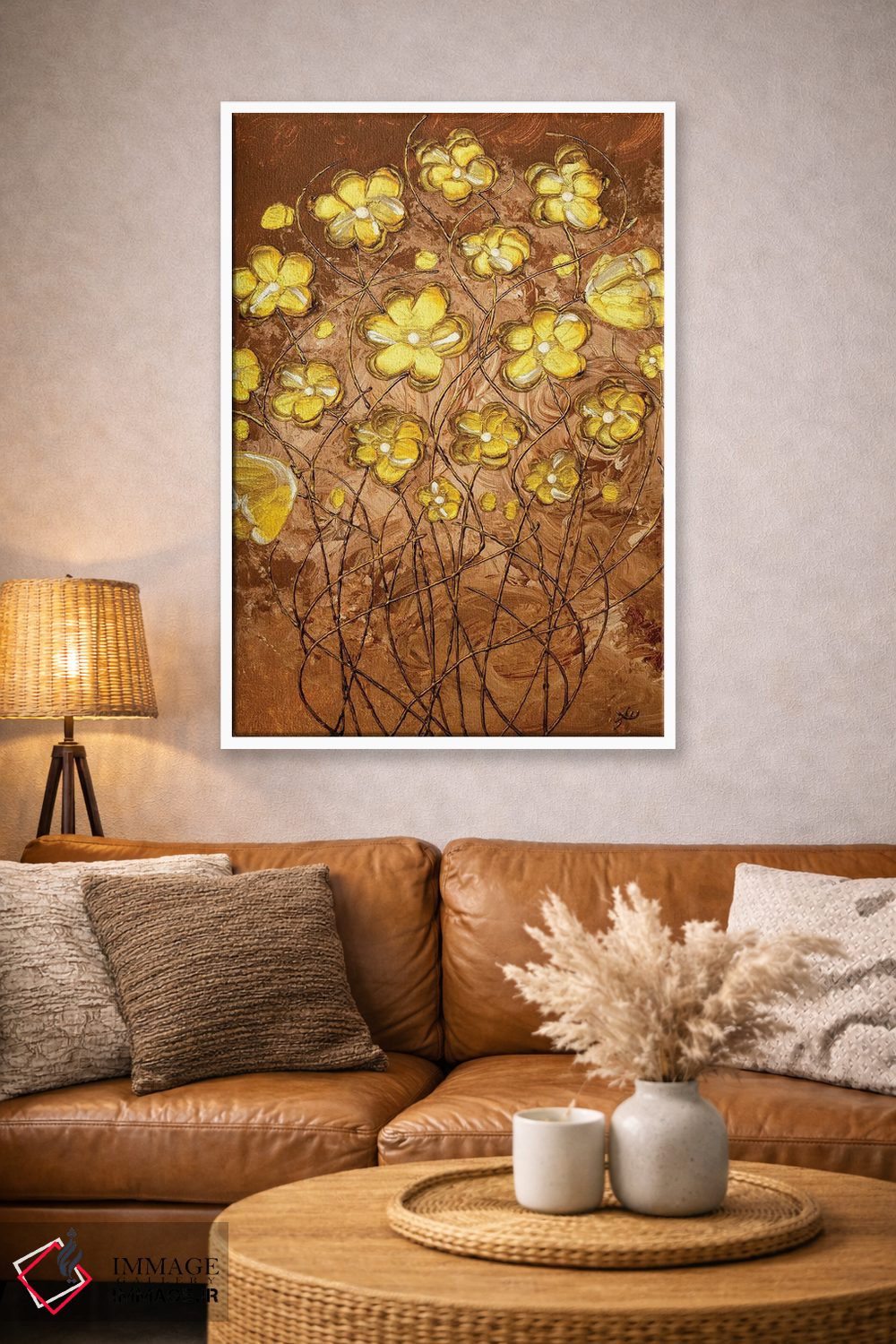 تابلو انتزاعی شکوفه های طلایی روی قهوه اثر امبر لامورو - D3W