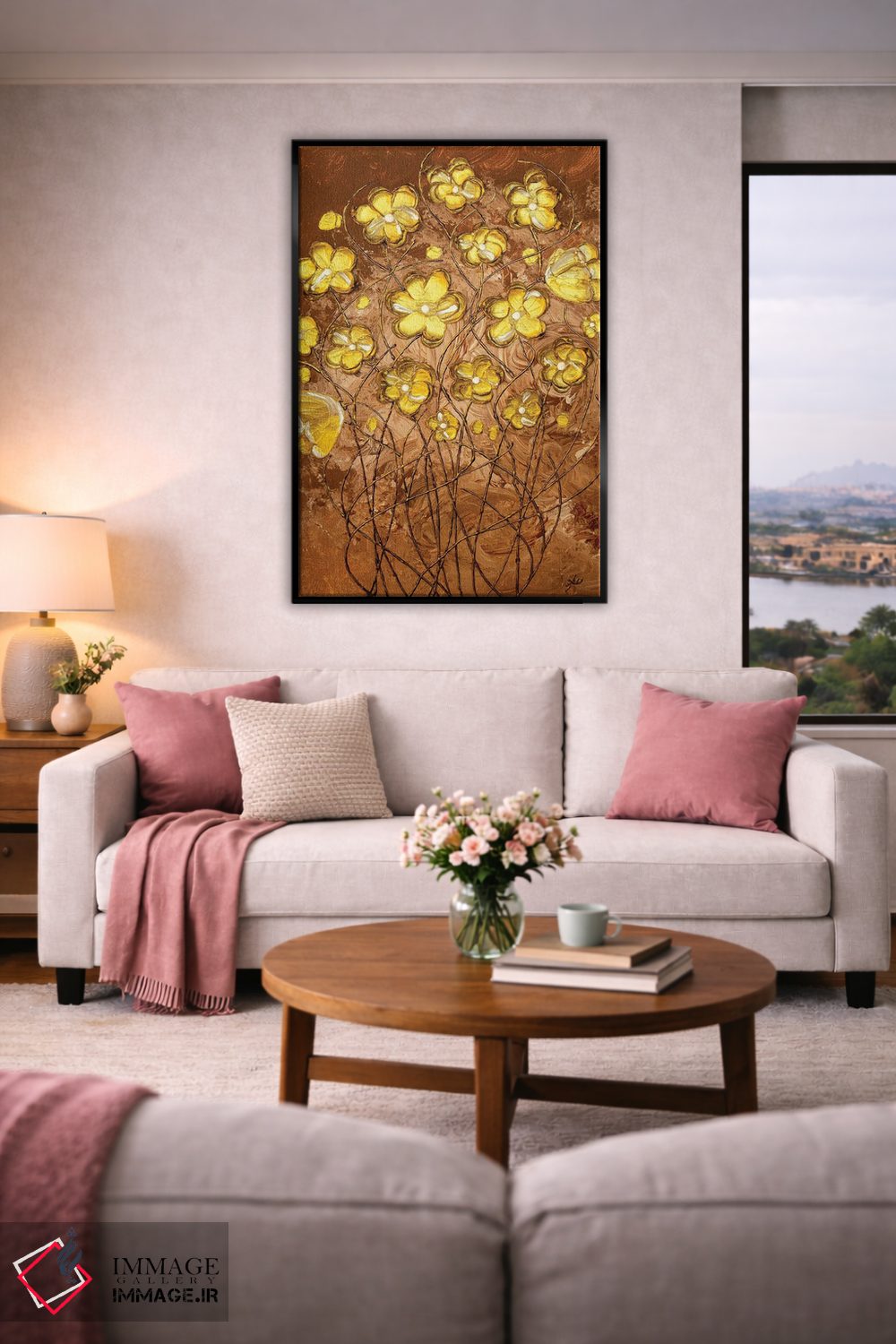 تابلو انتزاعی شکوفه های طلایی روی قهوه اثر امبر لامورو - D4B