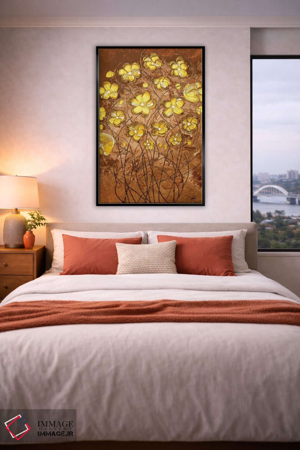 تابلو انتزاعی شکوفه های طلایی روی قهوه اثر امبر لامورو - D5B