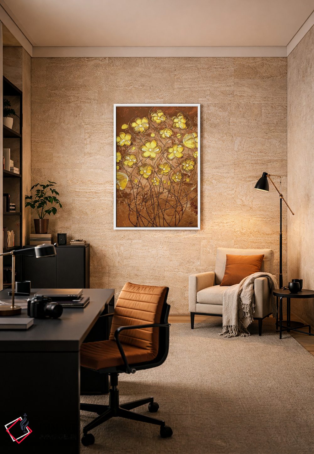 تابلو انتزاعی شکوفه های طلایی روی قهوه اثر امبر لامورو - D6W