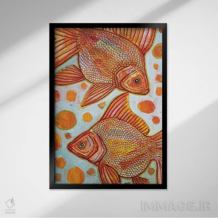 تابلو دکوراتیو دو ماهی طلایی اثر لینت شلی - نمای قابدار مشکی