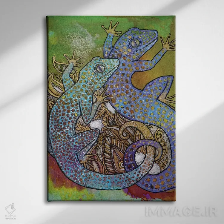 تابلو دکوراتیو گکوهای آبی اثر لینت شلی - نمای روبهرو روی دیوار