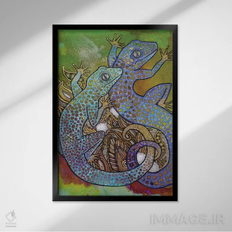 تابلو دکوراتیو گکوهای آبی اثر لینت شلی - نمای قابدار مشکی