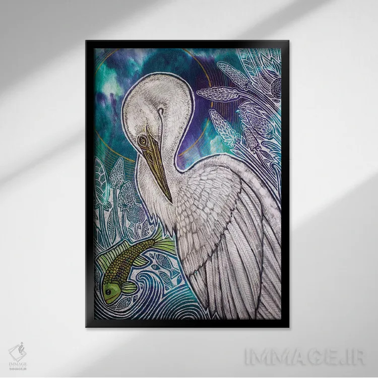 تابلو دکوراتیو حواصیل سفید بزرگ اثر لینت شلی - نمای قابدار مشکی