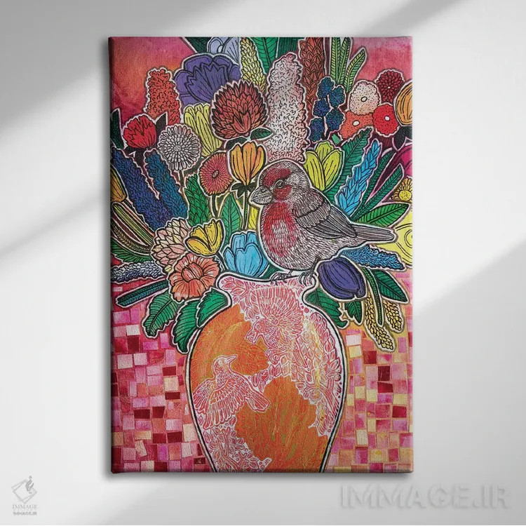 تابلو دکوراتیو فنچ گل سرخ شکوفا اثر لینت شلی - نمای روبهرو روی دیوار