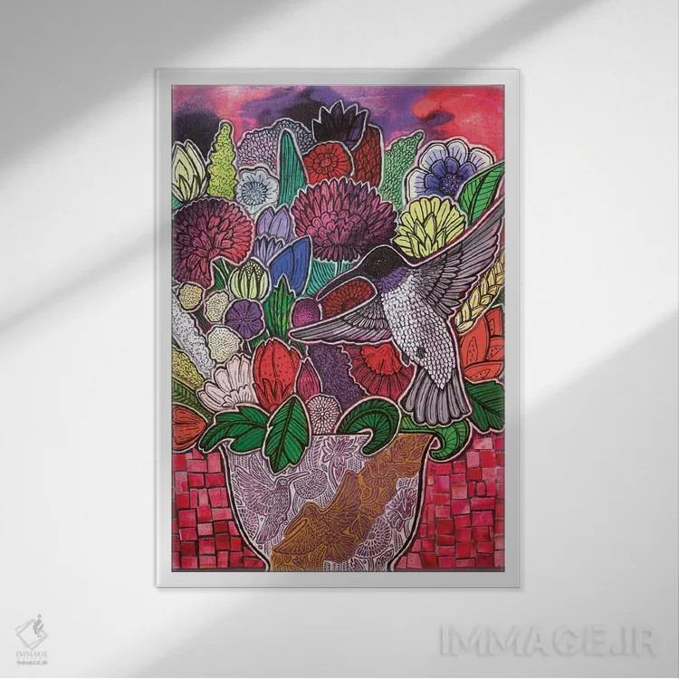 تابلو دکوراتیو شادی مرغ مگس خوار اثر لینت شلی - نمای قابدار سفید