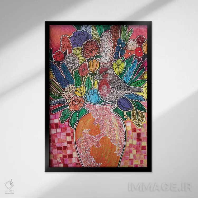 تابلو دکوراتیو فنچ گل سرخ شکوفا اثر لینت شلی - نمای قابدار مشکی