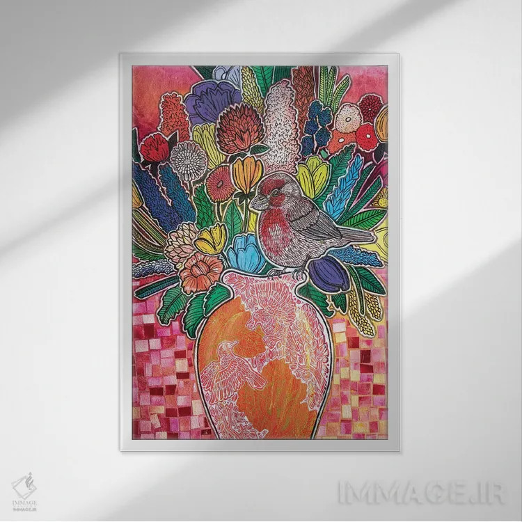 تابلو دکوراتیو فنچ گل سرخ شکوفا اثر لینت شلی - نمای قابدار سفید