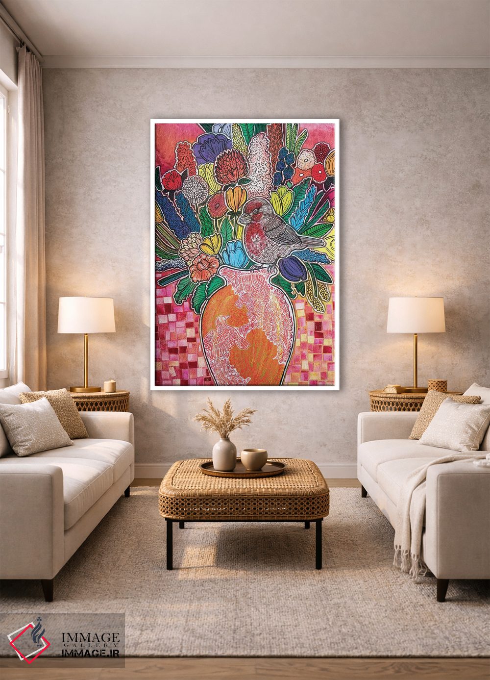 تابلو دکوراتیو فنچ گل سرخ شکوفا اثر لینت شلی - D1W