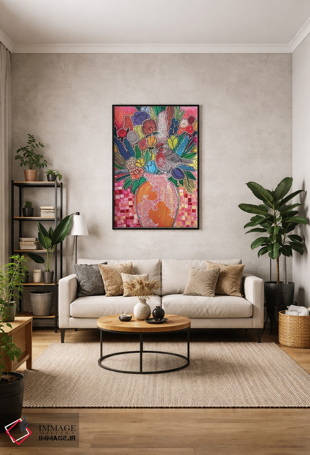 تابلو دکوراتیو فنچ گل سرخ شکوفا اثر لینت شلی - D2B