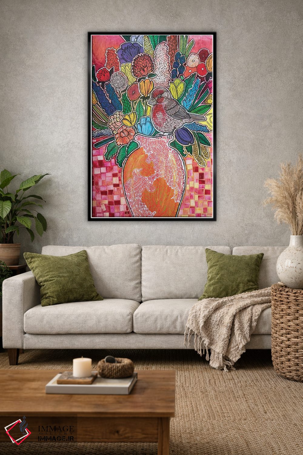 تابلو دکوراتیو فنچ گل سرخ شکوفا اثر لینت شلی - D3B