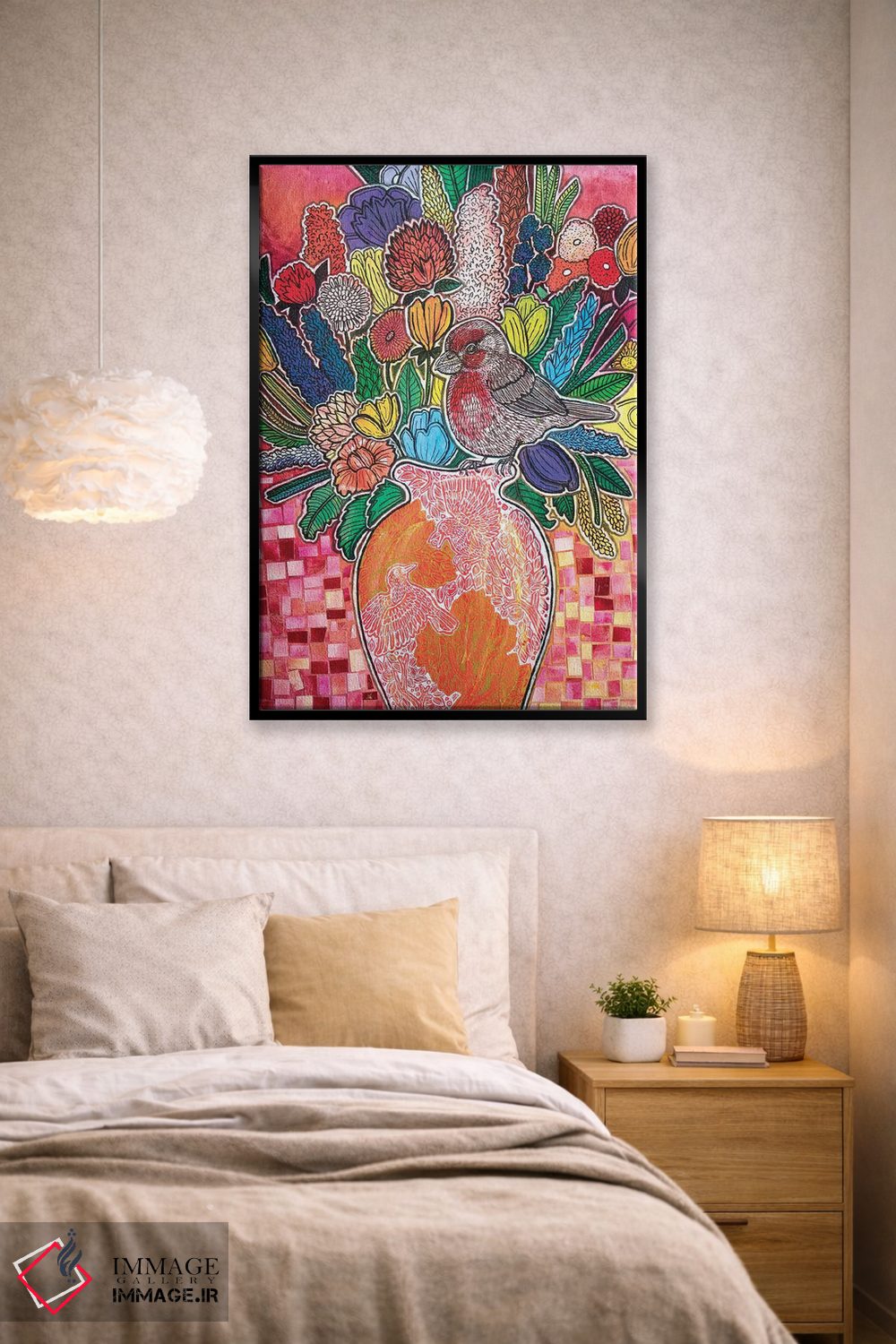 تابلو دکوراتیو فنچ گل سرخ شکوفا اثر لینت شلی - D4B