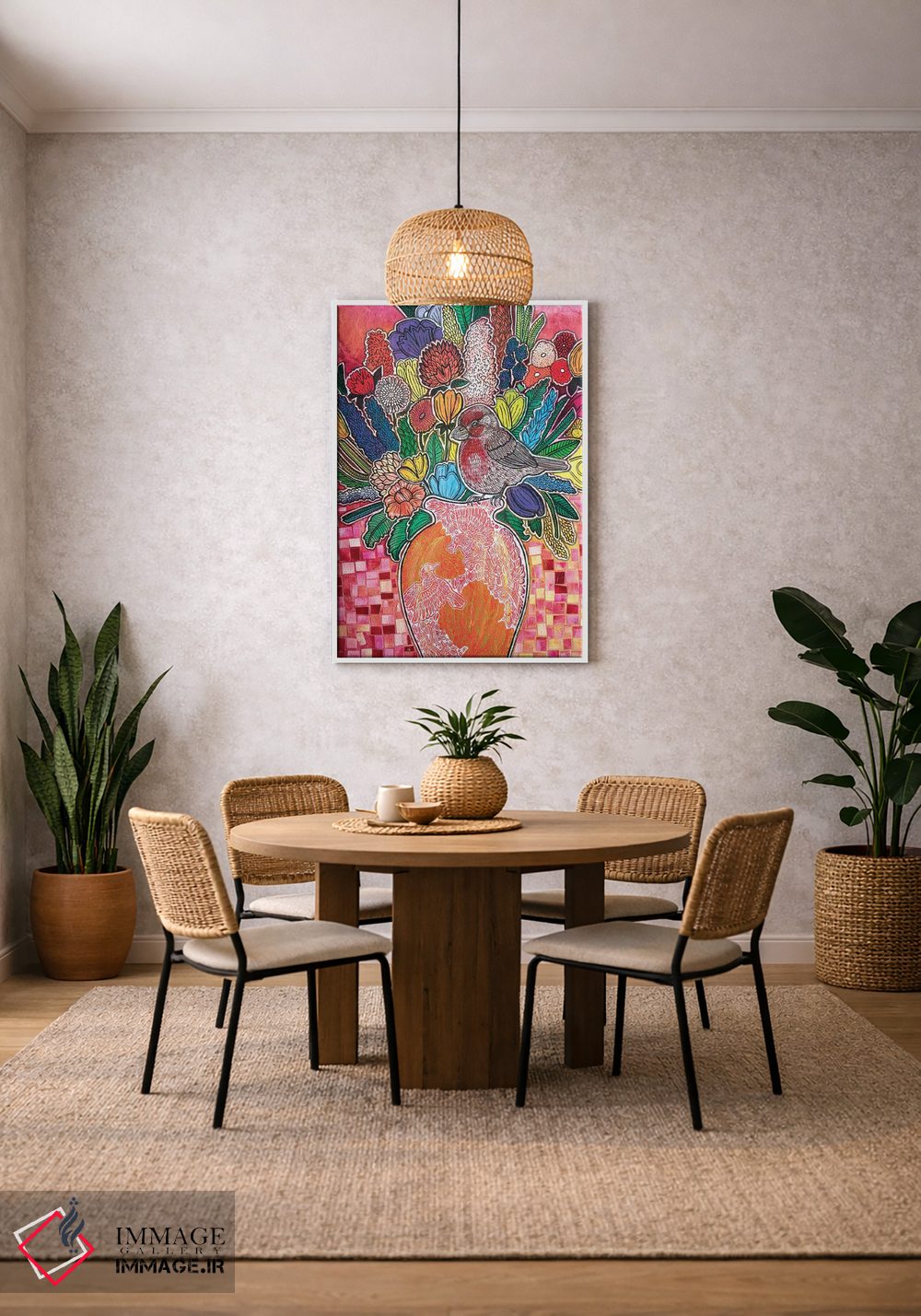 تابلو دکوراتیو فنچ گل سرخ شکوفا اثر لینت شلی - D5W