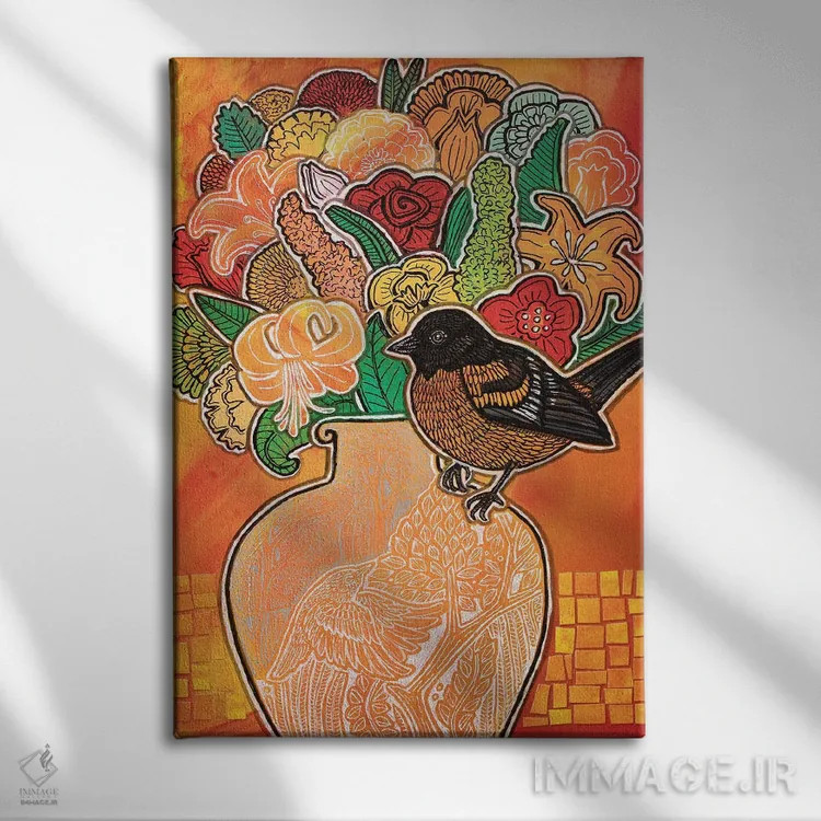 تابلو دکوراتیو بلبل شکوفه زن اثر لینت شلی - نمای روبهرو روی دیوار