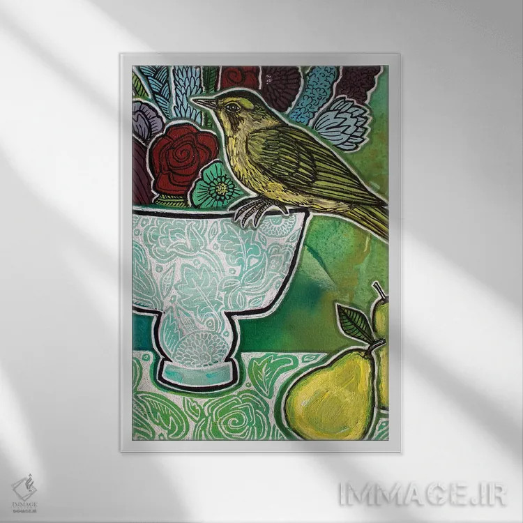 تابلو دکوراتیو سسک با گلابی های سبز اثر لینت شلی - نمای قابدار سفید