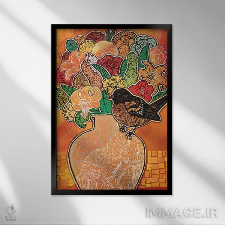 تابلو دکوراتیو بلبل شکوفه زن اثر لینت شلی - نمای قابدار مشکی