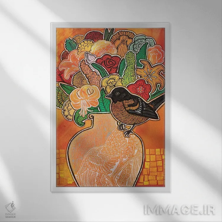 تابلو دکوراتیو بلبل شکوفه زن اثر لینت شلی - نمای قابدار سفید