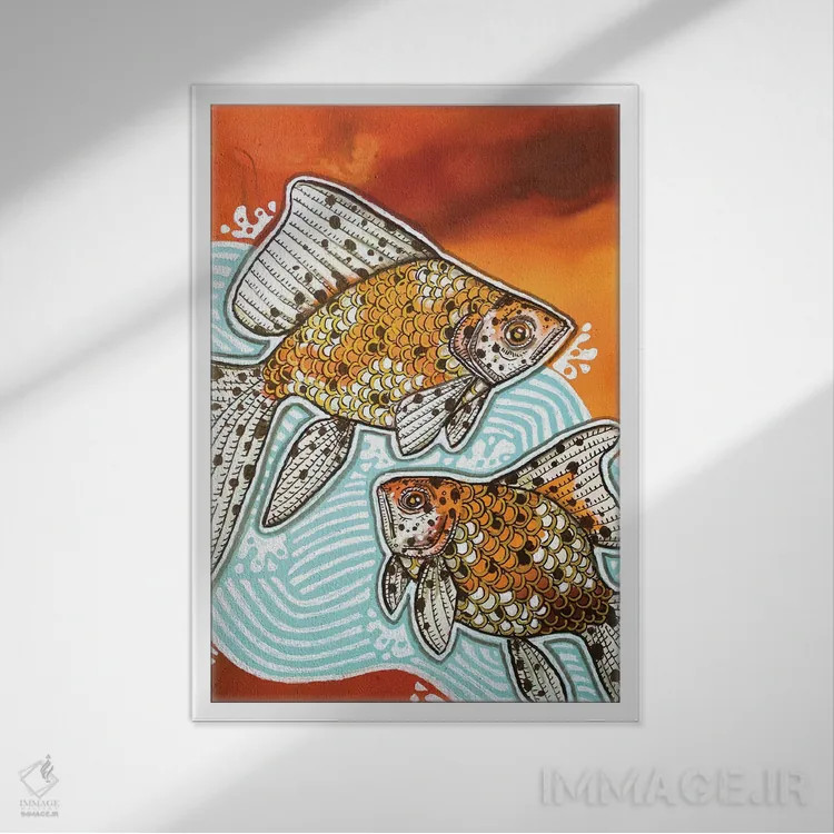 تابلو دکوراتیو دو ماهی طلایی خال دار اثر لینت شلی - نمای قابدار سفید